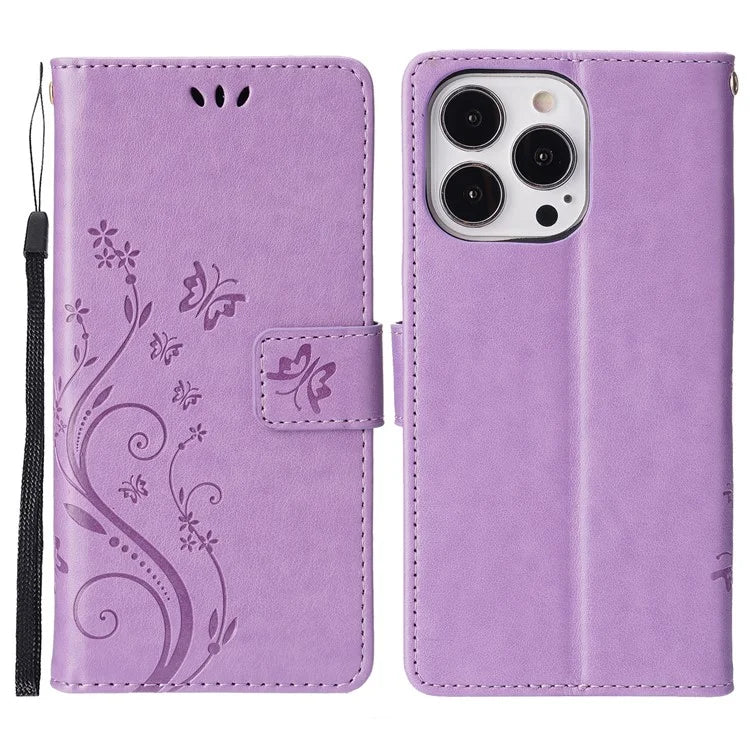 For iPhone 16 Pro Max Case Leather Phone Cover Butterfly Flower Pattern