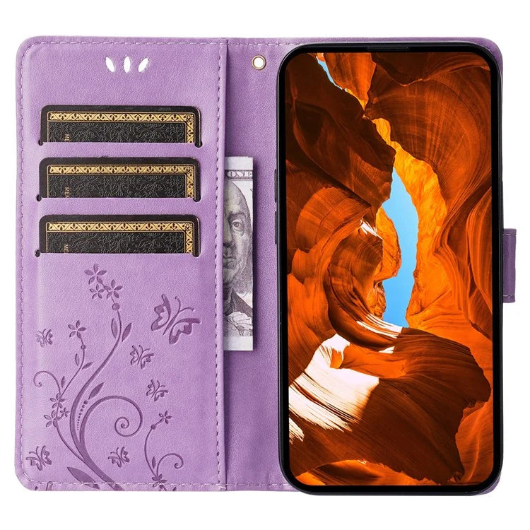 For iPhone 16 Pro Max Case Leather Phone Cover Butterfly Flower Pattern