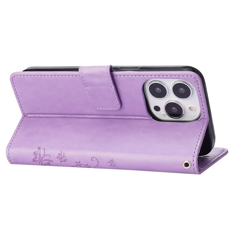 For iPhone 16 Pro Max Case Leather Phone Cover Butterfly Flower Pattern