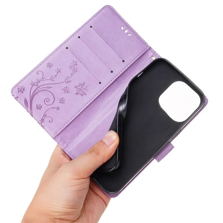 For iPhone 16 Pro Max Case Leather Phone Cover Butterfly Flower Pattern