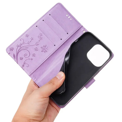 For iPhone 16 Pro Max Case Leather Phone Cover Butterfly Flower Pattern