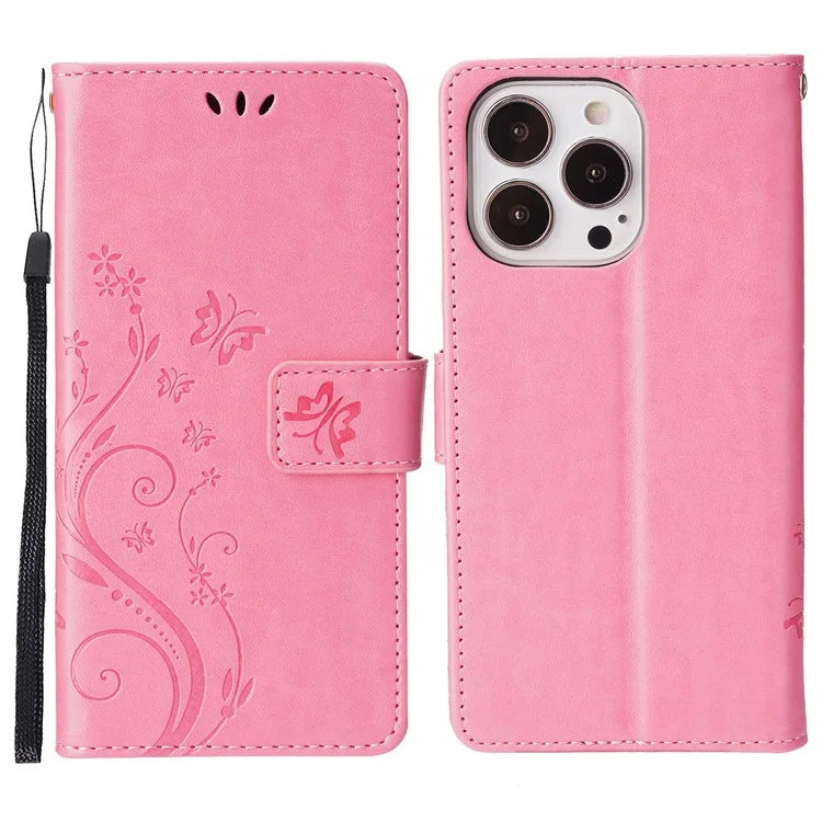 For iPhone 16 Pro Max Case Leather Phone Cover Butterfly Flower Pattern