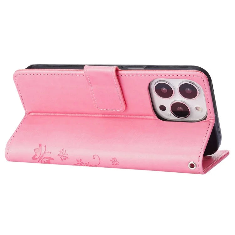 For iPhone 16 Pro Max Case Leather Phone Cover Butterfly Flower Pattern