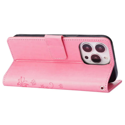 For iPhone 16 Pro Max Case Leather Phone Cover Butterfly Flower Pattern