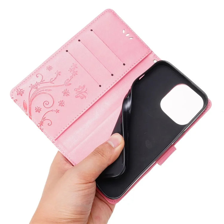 For iPhone 16 Pro Max Case Leather Phone Cover Butterfly Flower Pattern