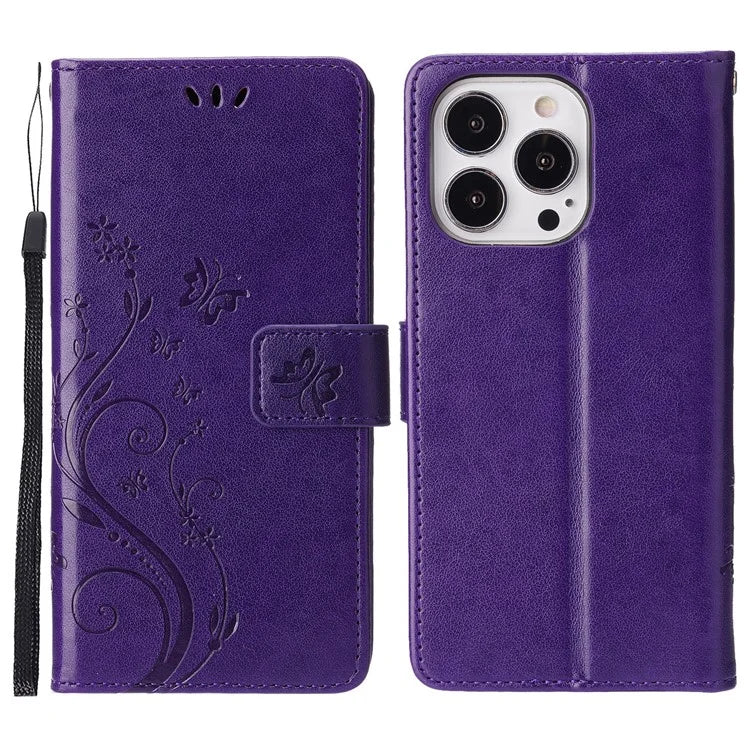 For iPhone 16 Pro Max Case Leather Phone Cover Butterfly Flower Pattern