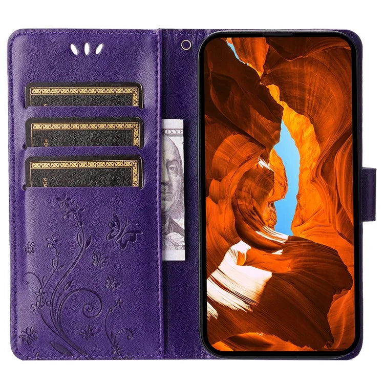 For iPhone 16 Pro Max Case Leather Phone Cover Butterfly Flower Pattern