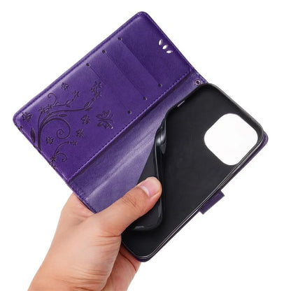 For iPhone 16 Pro Max Case Leather Phone Cover Butterfly Flower Pattern