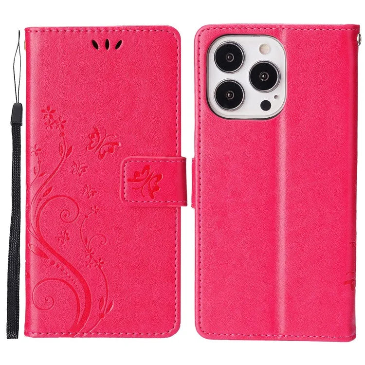 For iPhone 16 Pro Max Case Leather Phone Cover Butterfly Flower Pattern