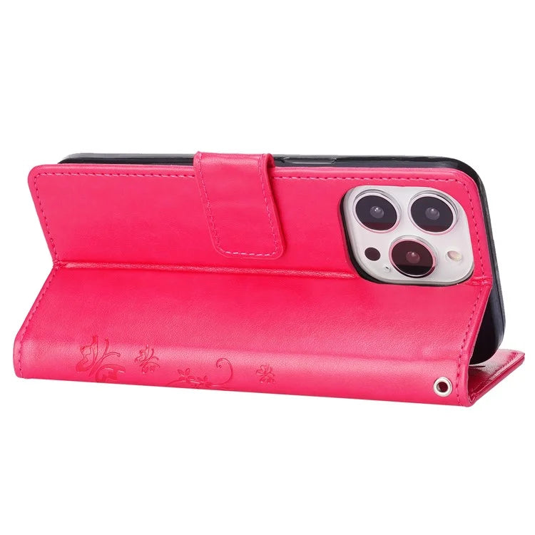 For iPhone 16 Pro Max Case Leather Phone Cover Butterfly Flower Pattern