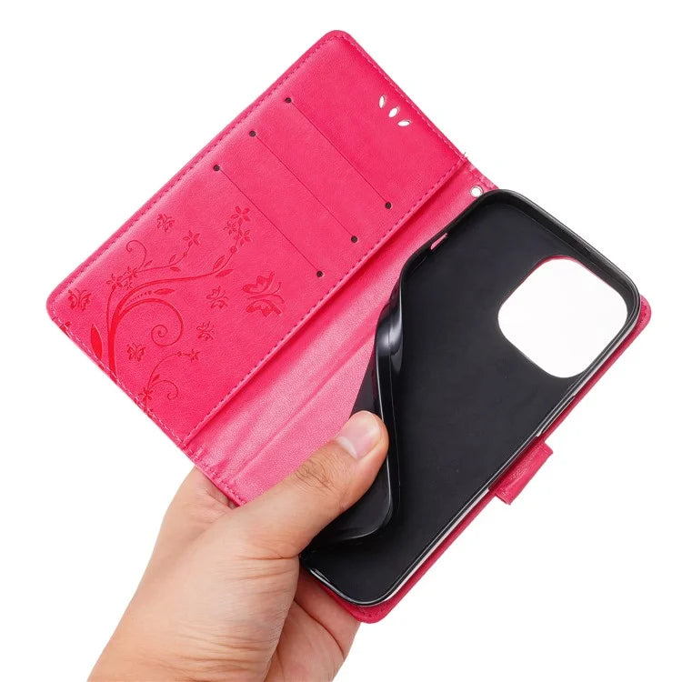 For iPhone 16 Pro Max Case Leather Phone Cover Butterfly Flower Pattern
