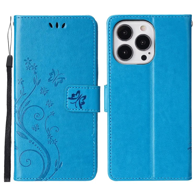 For iPhone 16 Pro Max Case Leather Phone Cover Butterfly Flower Pattern