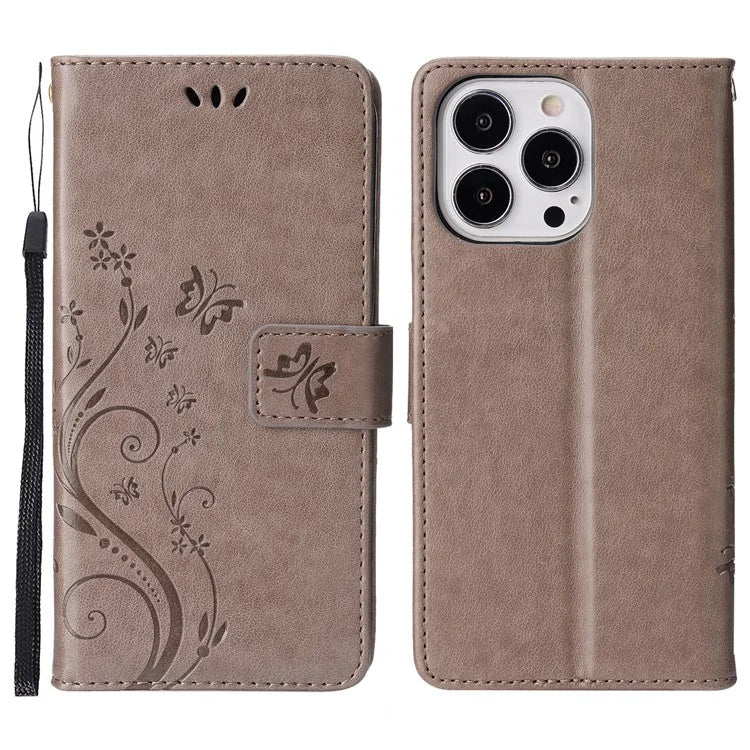 For iPhone 16 Pro Max Case Leather Phone Cover Butterfly Flower Pattern
