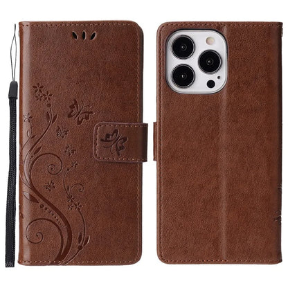 For iPhone 16 Pro Max Case Leather Phone Cover Butterfly Flower Pattern