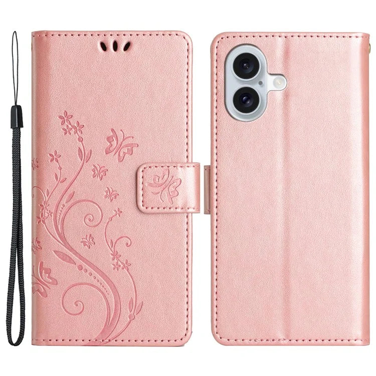 For iPhone 16 Plus Case Wallet PU Leather Butterfly Floral Phone Cover with Strap