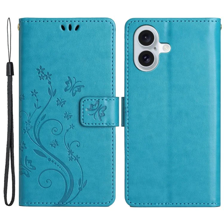 For iPhone 16 Plus Case Wallet PU Leather Butterfly Floral Phone Cover with Strap