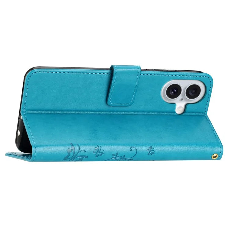 For iPhone 16 Plus Case Wallet PU Leather Butterfly Floral Phone Cover with Strap