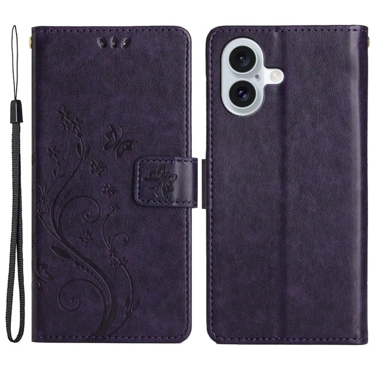 For iPhone 16 Plus Case Wallet PU Leather Butterfly Floral Phone Cover with Strap