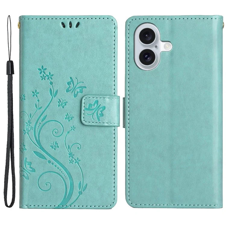 For iPhone 16 Plus Case Wallet PU Leather Butterfly Floral Phone Cover with Strap