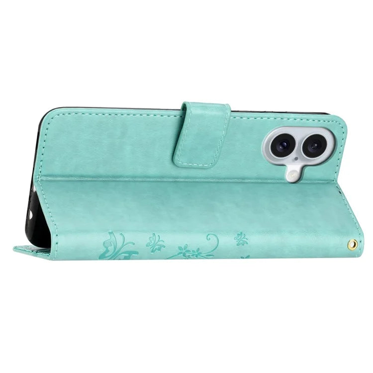 For iPhone 16 Plus Case Wallet PU Leather Butterfly Floral Phone Cover with Strap