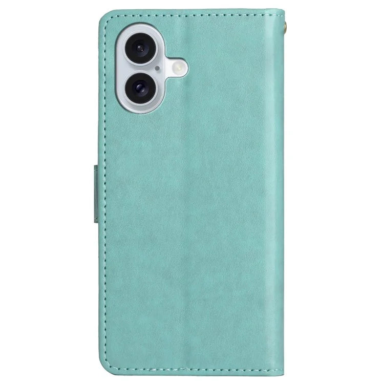 For iPhone 16 Plus Case Wallet PU Leather Butterfly Floral Phone Cover with Strap