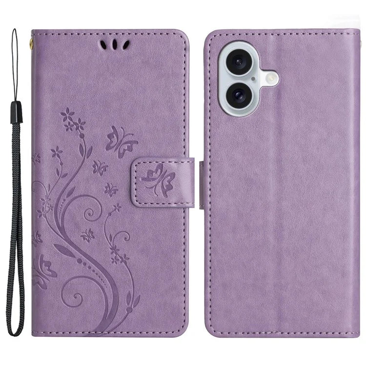 For iPhone 16 Plus Case Wallet PU Leather Butterfly Floral Phone Cover with Strap