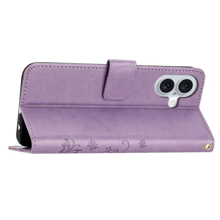 For iPhone 16 Plus Case Wallet PU Leather Butterfly Floral Phone Cover with Strap