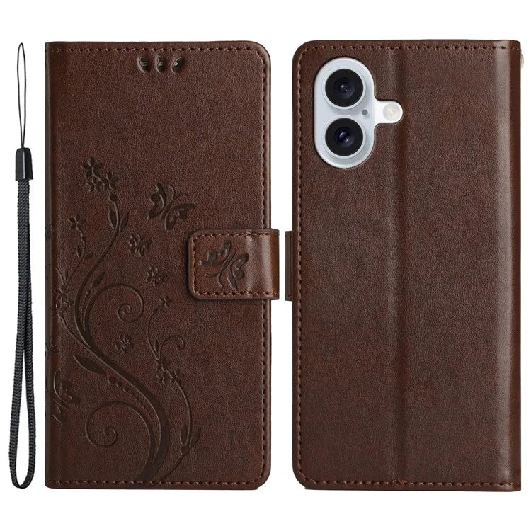 For iPhone 16 Plus Case Wallet PU Leather Butterfly Floral Phone Cover with Strap
