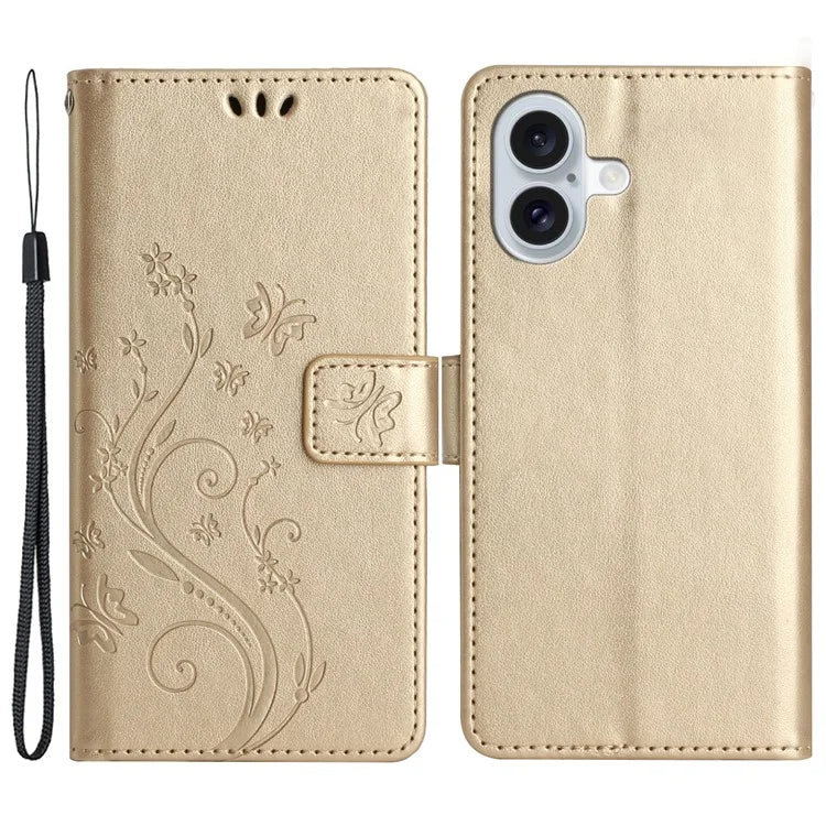 For iPhone 16 Plus Case Wallet PU Leather Butterfly Floral Phone Cover with Strap