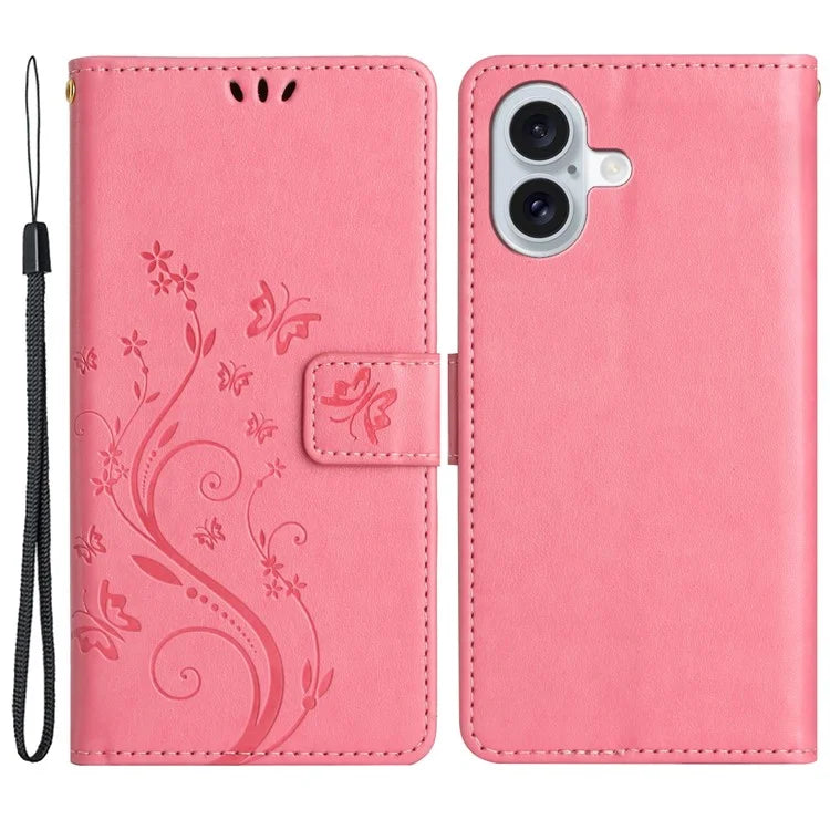For iPhone 16 Plus Case Wallet PU Leather Butterfly Floral Phone Cover with Strap