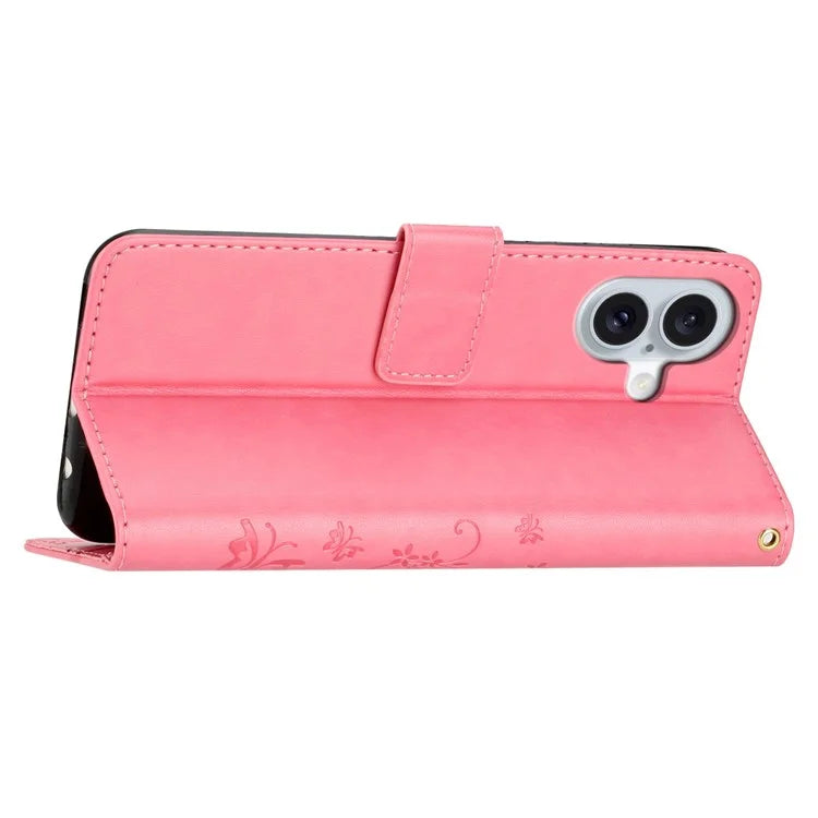 For iPhone 16 Plus Case Wallet PU Leather Butterfly Floral Phone Cover with Strap