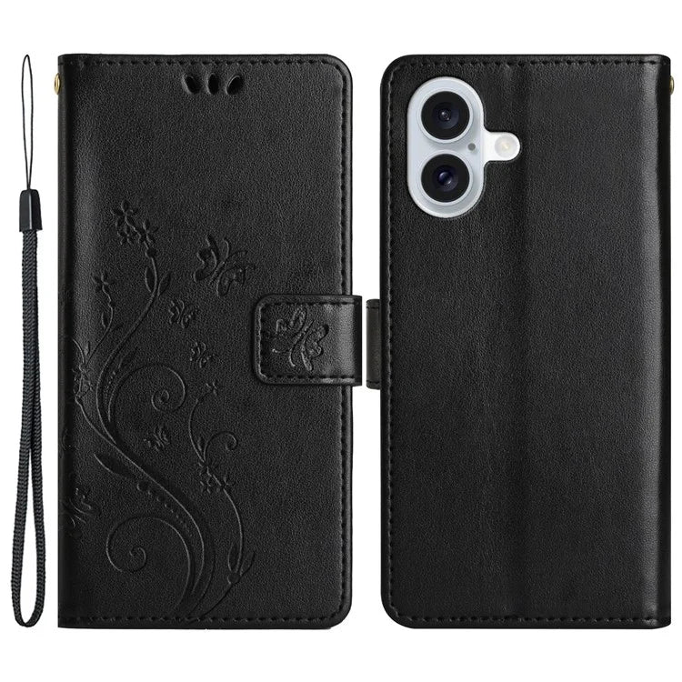 For iPhone 16 Plus Case Wallet PU Leather Butterfly Floral Phone Cover with Strap