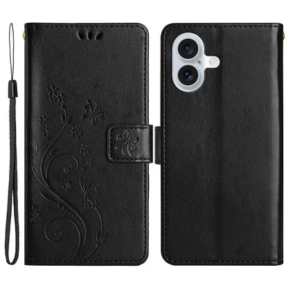 For iPhone 16 Plus Case Wallet PU Leather Butterfly Floral Phone Cover with Strap