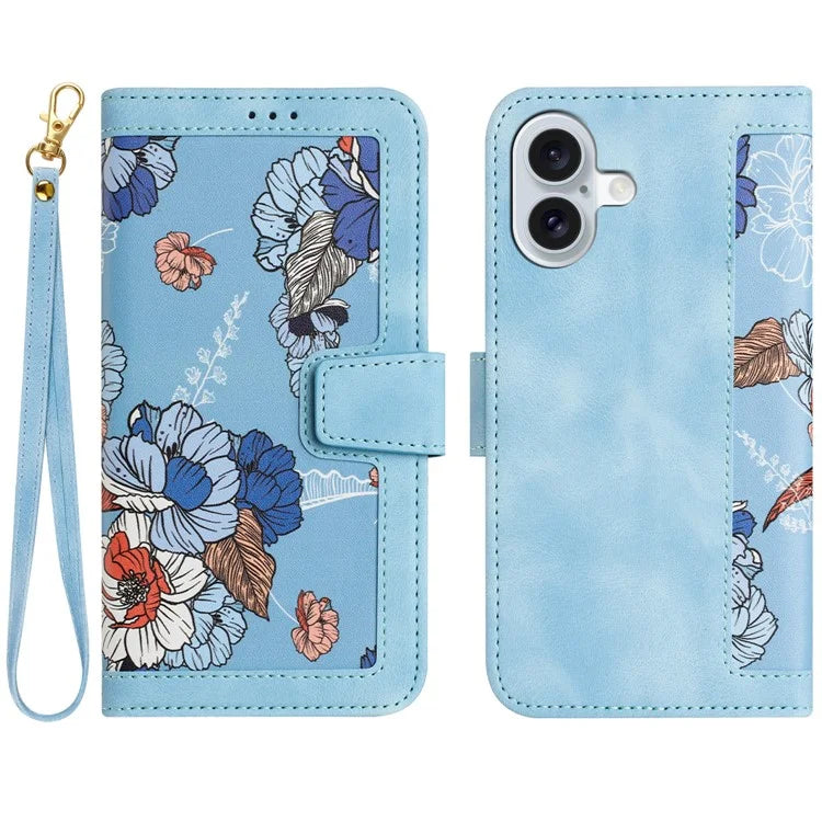 For iPhone 16 Plus Case Card Slots Flower Pattern Flip Leather Phone Cover