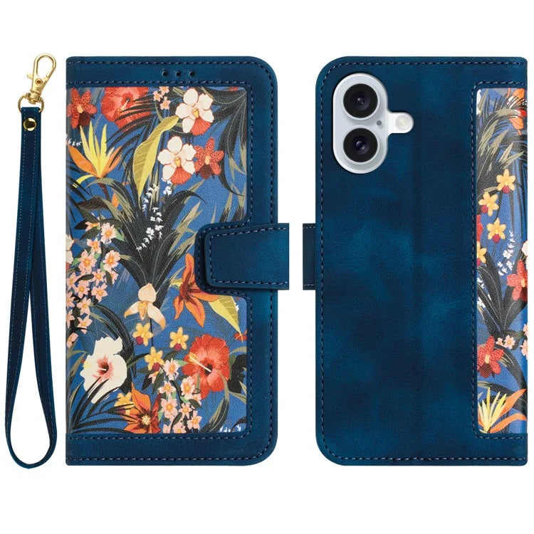 For iPhone 16 Plus Case Card Slots Flower Pattern Flip Leather Phone Cover