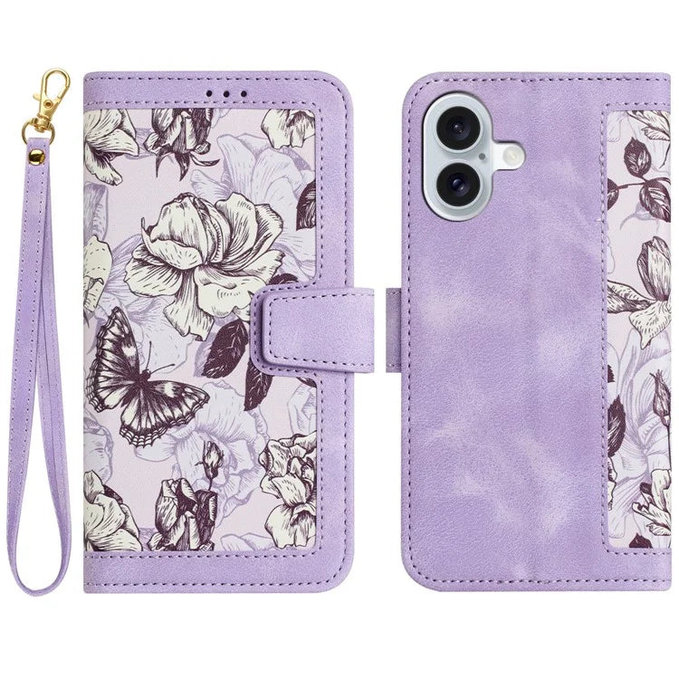 For iPhone 16 Case Flower Pattern PU Leather Phone Cover with Card Slots