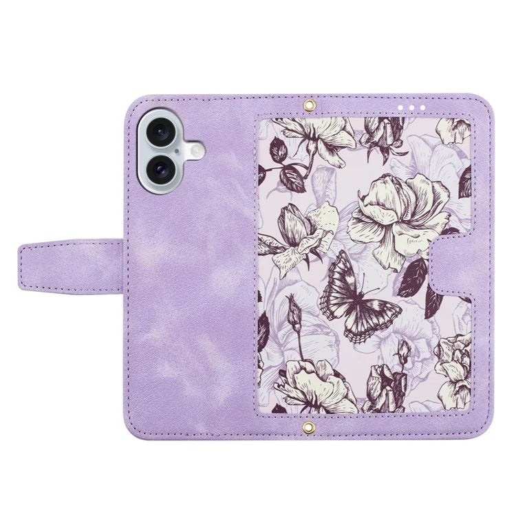 For iPhone 16 Case Flower Pattern PU Leather Phone Cover with Card Slots