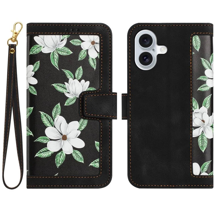 For iPhone 16 Case Flower Pattern PU Leather Phone Cover with Card Slots