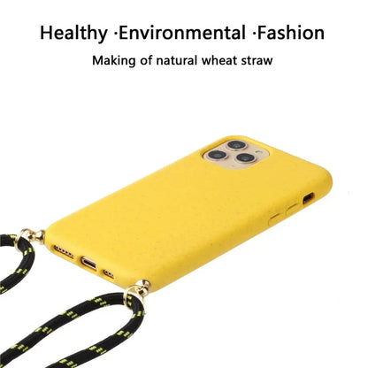 For iPhone 16 Pro Case with Lanyard Wheat Straw+TPU Phone Cover Biodegradable Recyclable