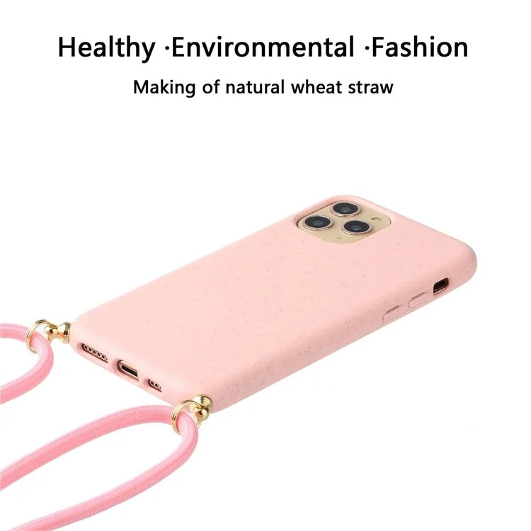 For iPhone 16 Pro Case with Lanyard Wheat Straw+TPU Phone Cover Biodegradable Recyclable