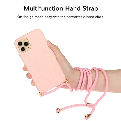 For iPhone 16 Pro Case with Lanyard Wheat Straw+TPU Phone Cover Biodegradable Recyclable