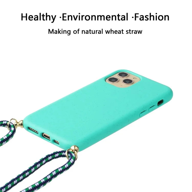 For iPhone 16 Pro Max Case Wheat Straw+TPU Phone Cover with Lanyard Eco Friendly Zero Waste