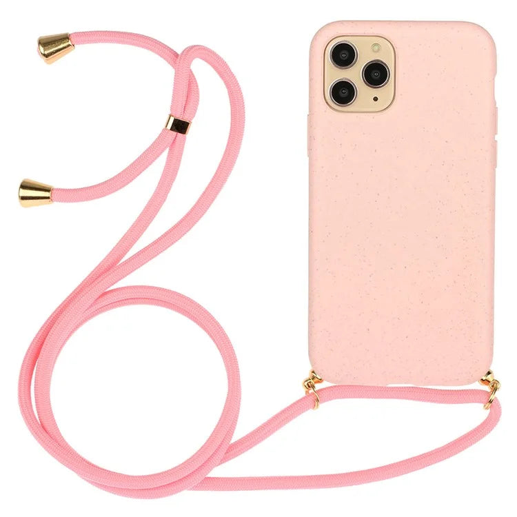 For iPhone 16 Pro Max Case Wheat Straw+TPU Phone Cover with Lanyard Eco Friendly Zero Waste