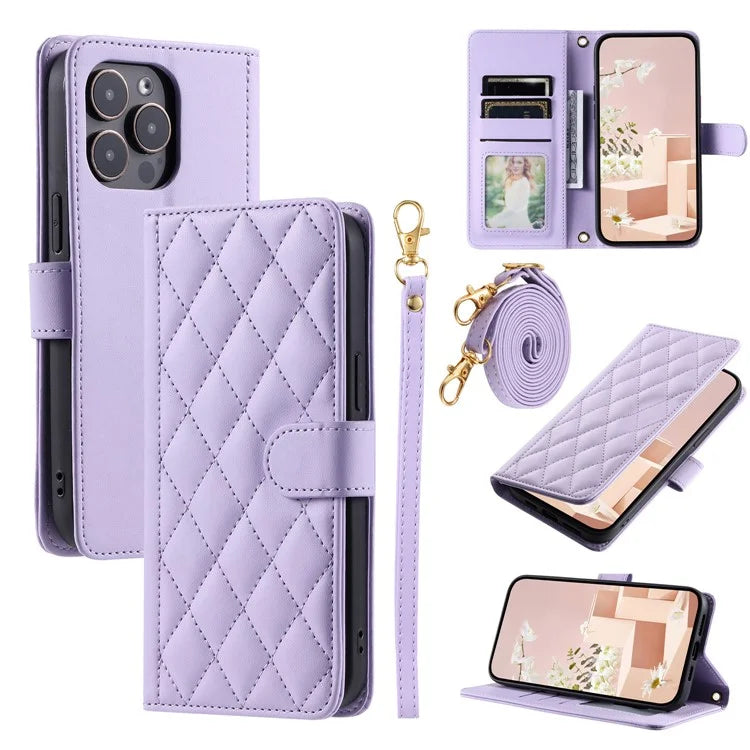 For iPhone 16 Pro Max Wallet Case Rhombus Grid PU Leather Phone Cover