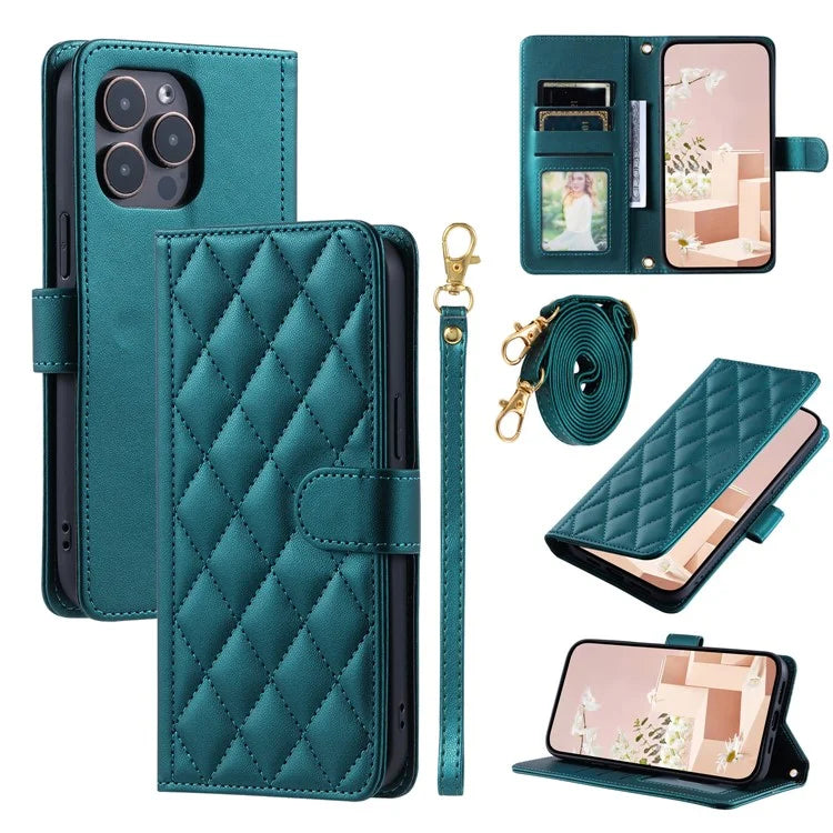 For iPhone 16 Pro Max Wallet Case Rhombus Grid PU Leather Phone Cover