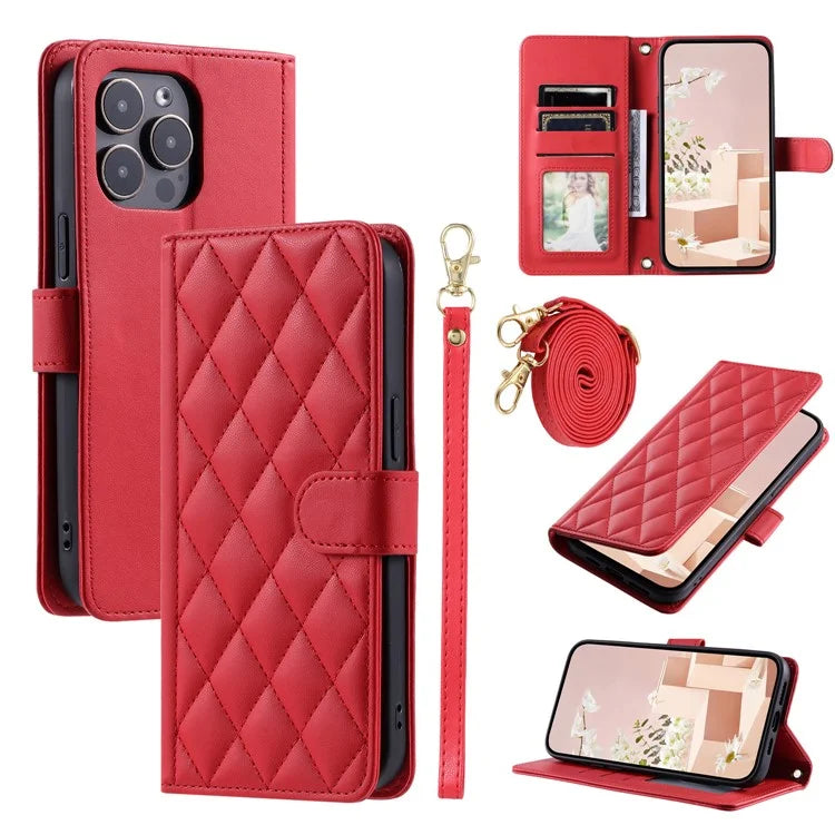 For iPhone 16 Pro Max Wallet Case Rhombus Grid PU Leather Phone Cover
