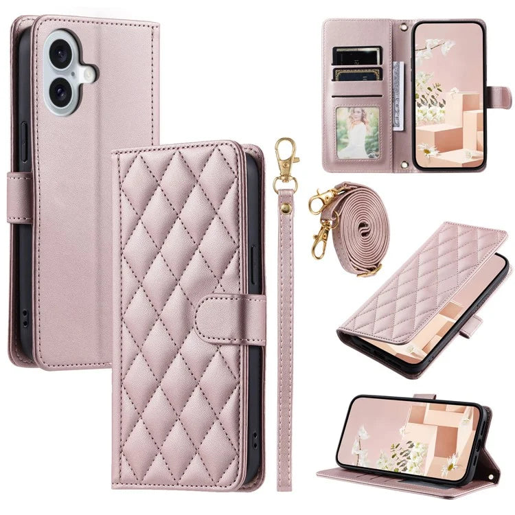 For iPhone 16 Plus Case Rhombus Grid PU Leather Wallet Crossbody Phone Cover