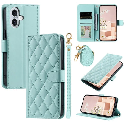 For iPhone 16 Case Rhombus Grid Leather Phone Cover with 2 Straps