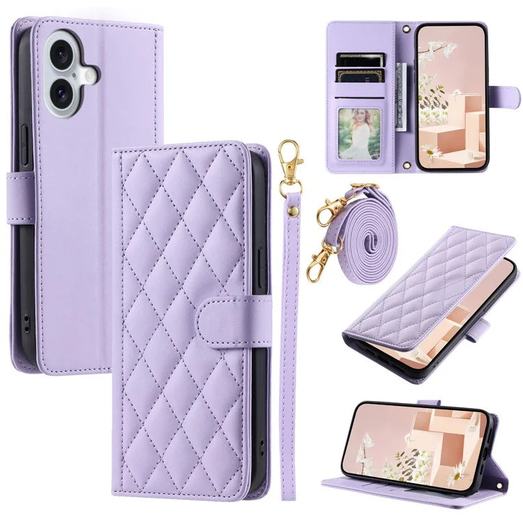 For iPhone 16 Case Rhombus Grid Leather Phone Cover with 2 Straps