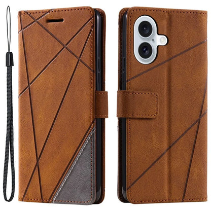 For iPhone 16 Plus Case Imprinted Lines PU Leather Splicing Wallet Phone Cover
